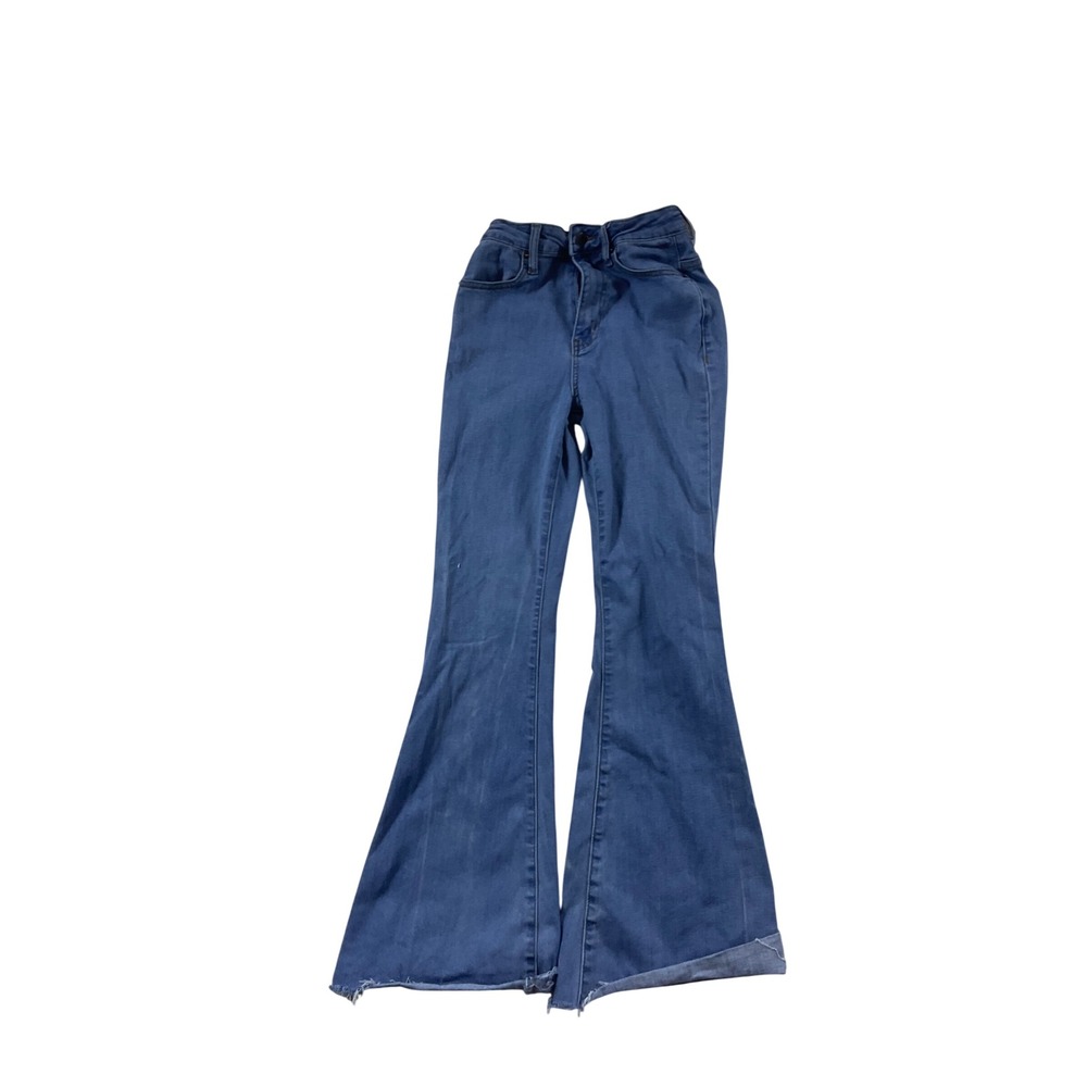 Akira Lena High Waisted Flare Jeans Blue Medium Wash Raw Hem Size 5 W26